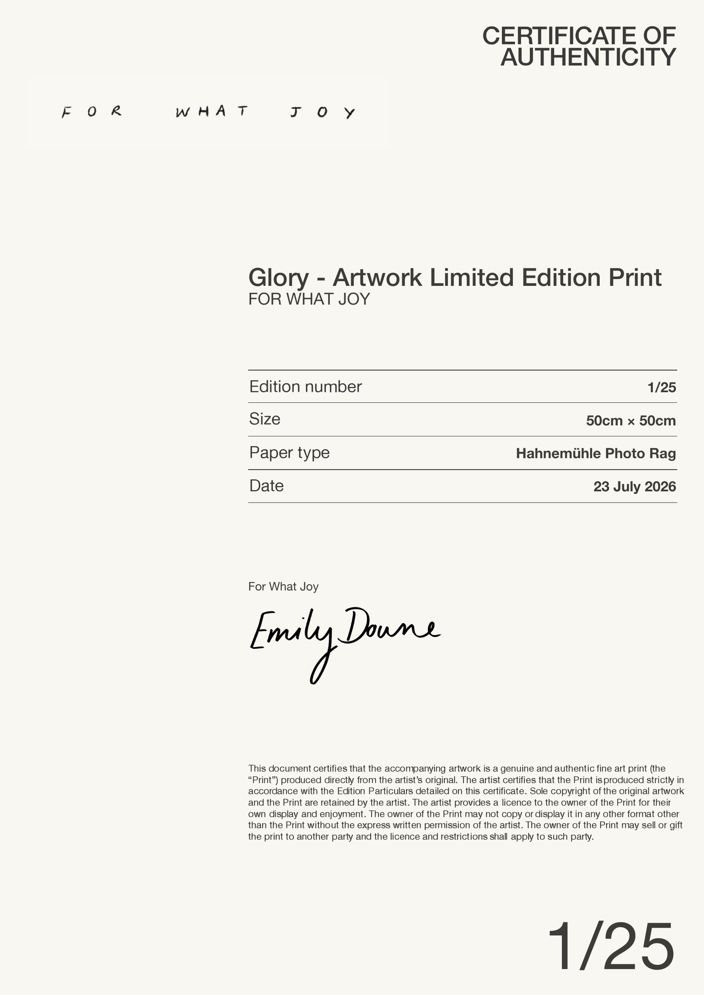 Glory - Artwork Limited Edition Print — Certificate of Authenticity