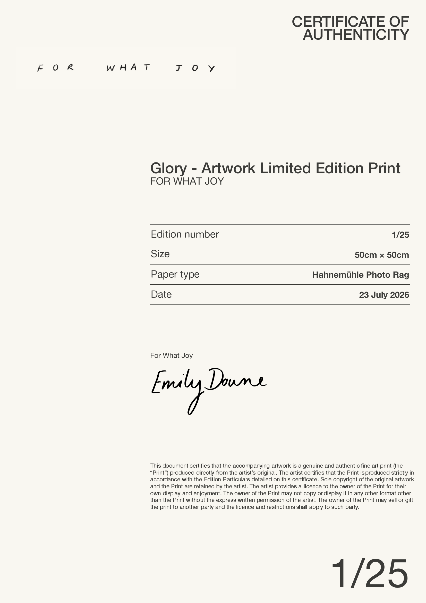 Glory - Artwork Limited Edition Print — Certificate of Authenticity